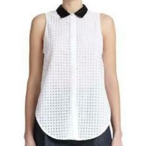 GIAMBA Women's Black Collared White Eyelet Blouse